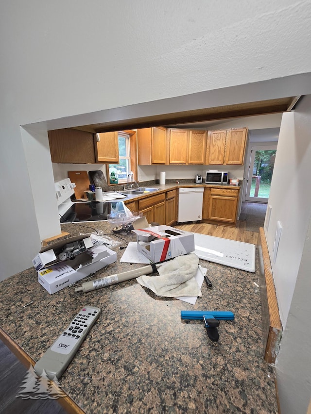 kitchen featuring light wood finished floors, stainless steel microwave, white dishwasher, electric range, and a sink