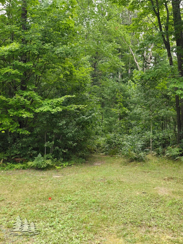 view of landscape featuring a forest view