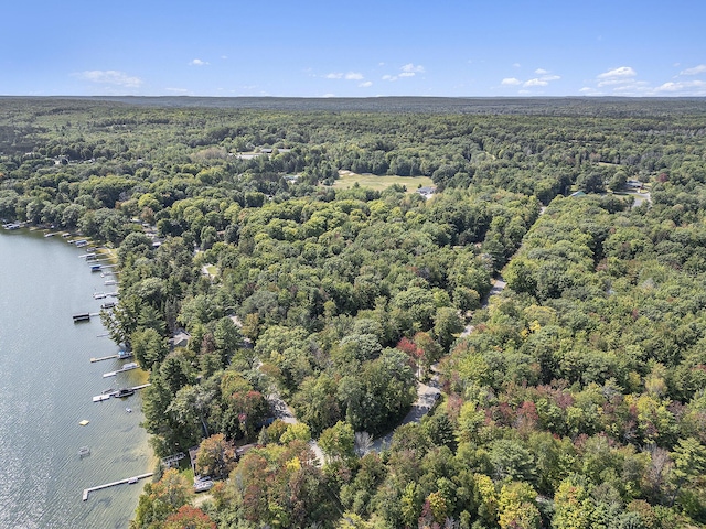 aerial view featuring a wooded view and a water view