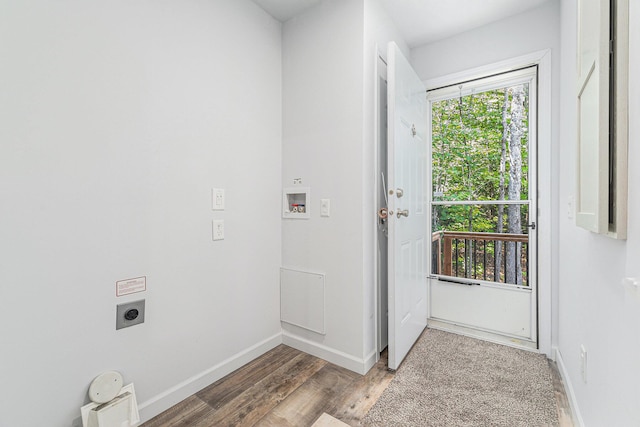 laundry room with laundry area, wood finished floors, baseboards, and hookup for an electric dryer