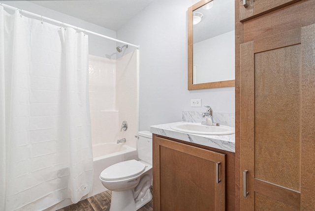 full bath with wood finished floors, toilet, shower / tub combo with curtain, and vanity