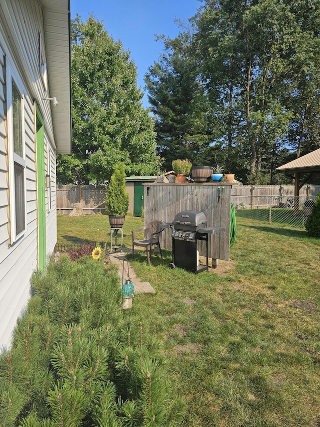 view of yard featuring an outdoor structure and a fenced backyard