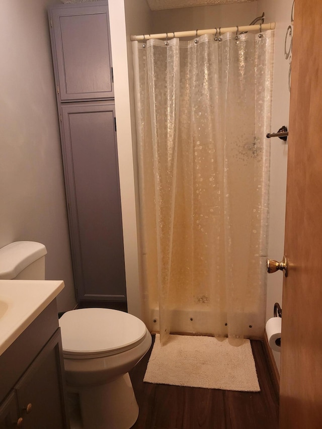 bathroom featuring a shower with shower curtain, toilet, wood finished floors, and vanity