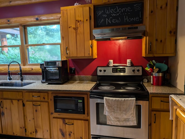 kitchen featuring under cabinet range hood, stainless steel electric range oven, black microwave, and a sink