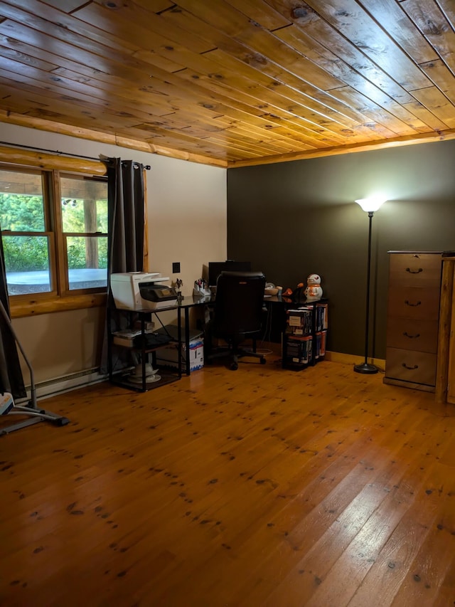 office space featuring hardwood / wood-style floors and wooden ceiling