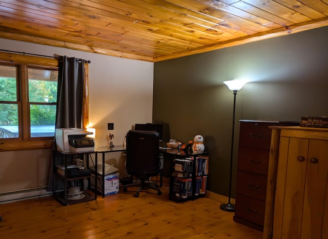 office space with wood ceiling, a baseboard heating unit, and wood-type flooring