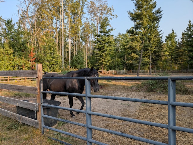 view of stable with a rural view