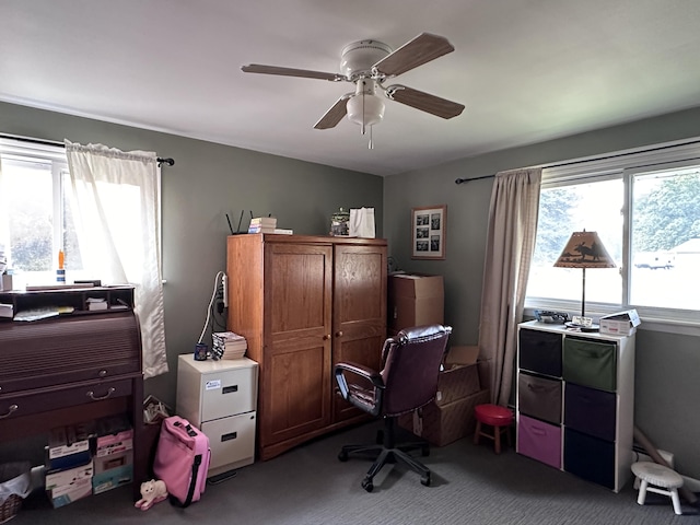 carpeted home office with a healthy amount of sunlight and ceiling fan