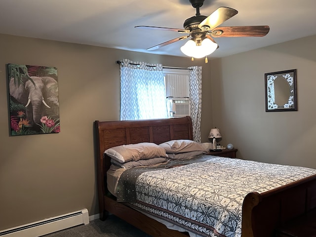 carpeted bedroom with baseboard heating, cooling unit, baseboards, and a ceiling fan