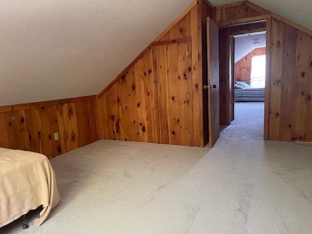 additional living space with vaulted ceiling, wooden walls, carpet floors, and a textured ceiling