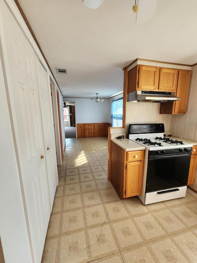 1130 Knollwood, Saint Helen, MI 48656 - kitchen featuring range with gas stovetop, under cabinet range hood, a wainscoted wall, wood walls, and light countertops