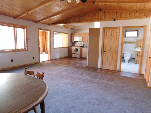 living room with lofted ceiling with beams, baseboards, carpet floors, and wood ceiling