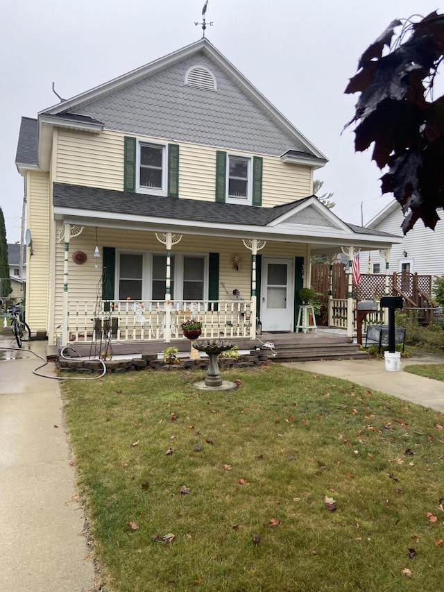 view of front of property with covered porch and a front lawn