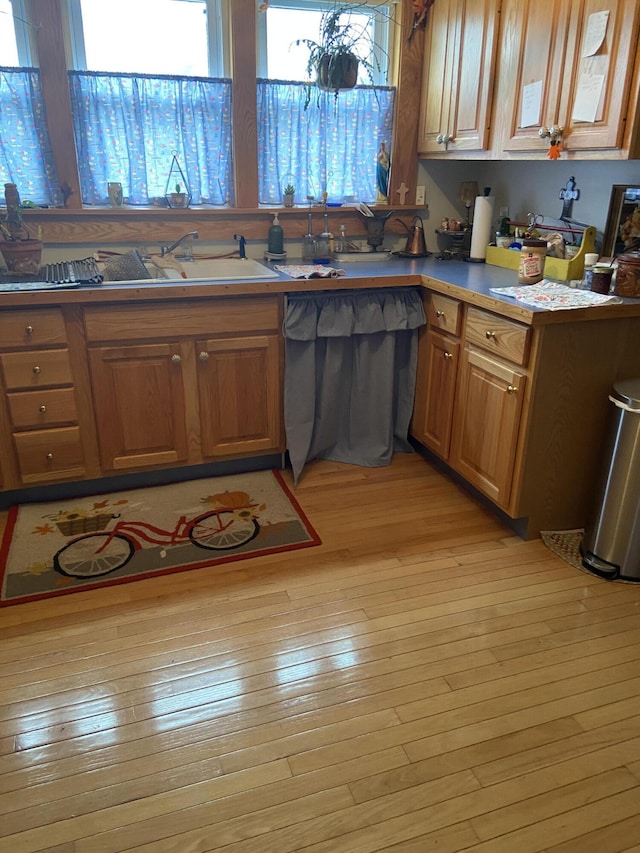 kitchen featuring a wealth of natural light, a sink, brown cabinetry, and light wood finished floors