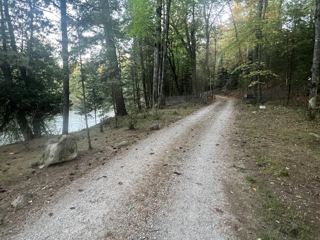 view of street featuring a forest view and a water view