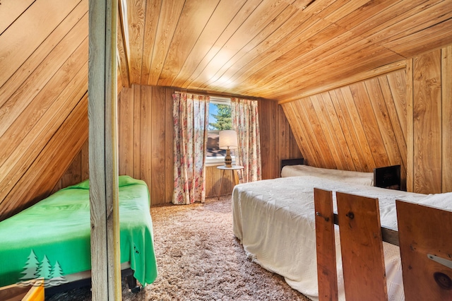 bedroom with carpet floors, wood ceiling, wood walls, and vaulted ceiling