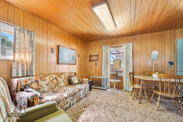 living area featuring wooden walls, wooden ceiling, and carpet