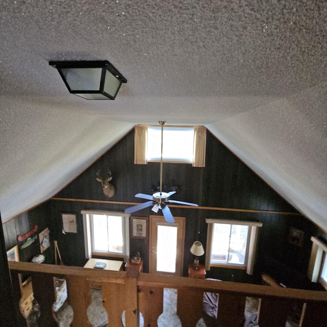 room details with a textured ceiling and wood walls