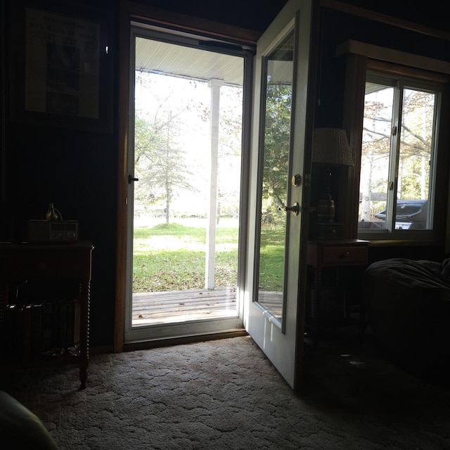 doorway to outside with a wealth of natural light and carpet flooring