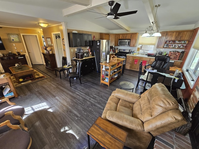 living room featuring vaulted ceiling with beams, ceiling fan, and dark wood-style flooring