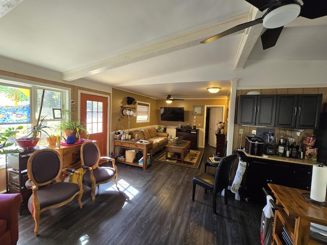 living room featuring ceiling fan, lofted ceiling with beams, and dark wood-style floors