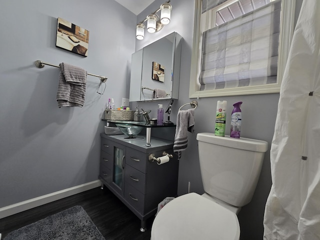 bathroom with toilet, vanity, baseboards, and wood finished floors