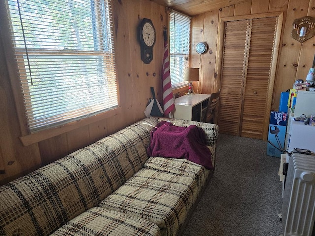 carpeted bedroom with a closet and wood walls