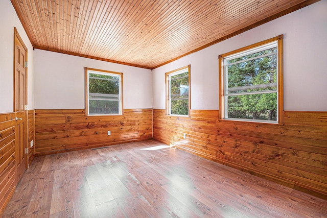 spare room featuring wooden walls, plenty of natural light, wood ceiling, and wainscoting