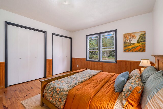 bedroom with multiple closets, wooden walls, wood finished floors, and wainscoting