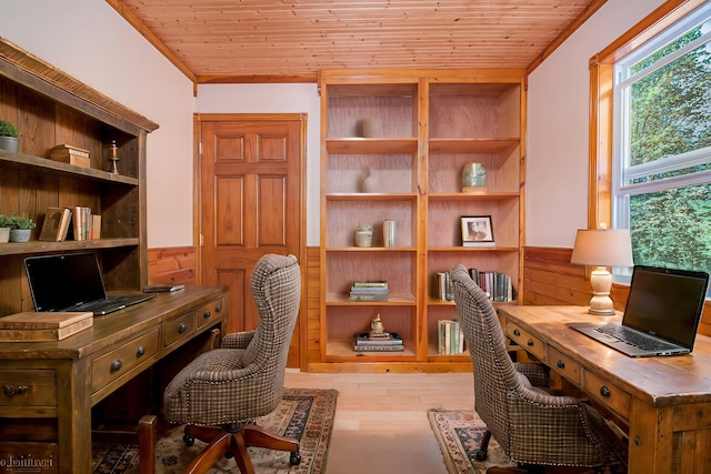 home office with wooden walls, built in shelves, a wainscoted wall, wooden ceiling, and wood finished floors