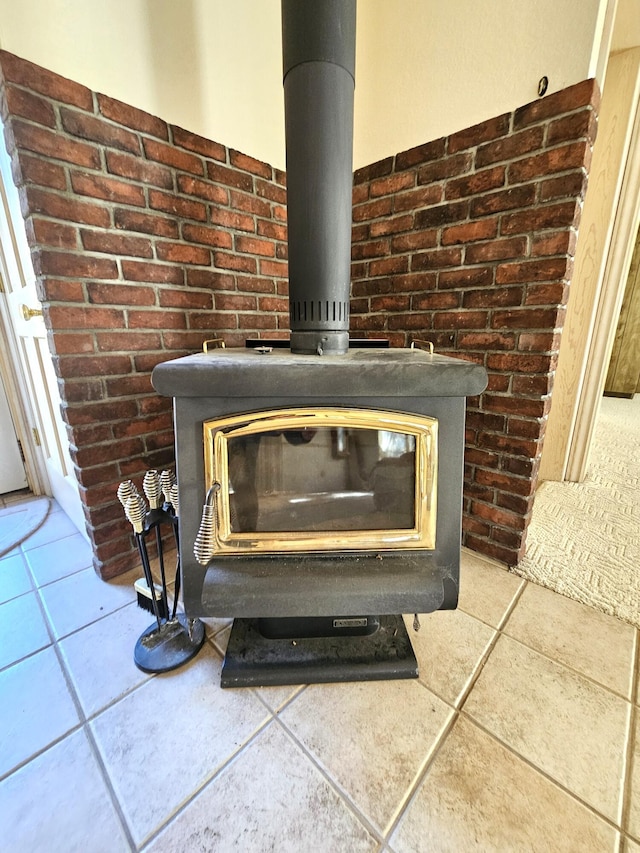 interior details featuring a wood stove