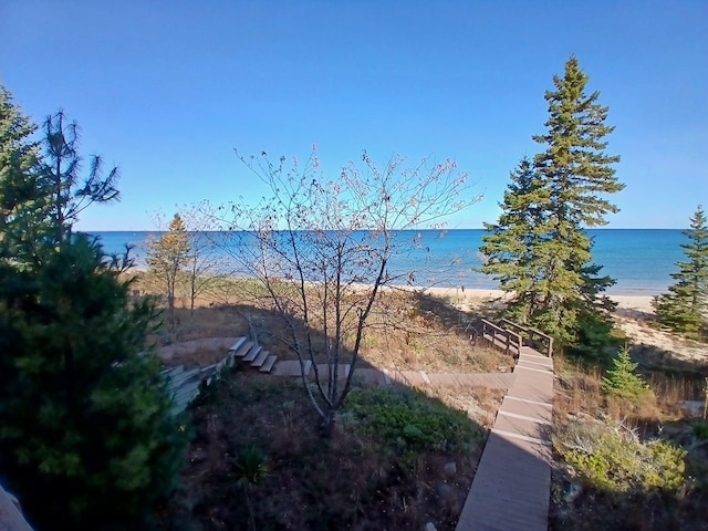 view of water feature with a beach view