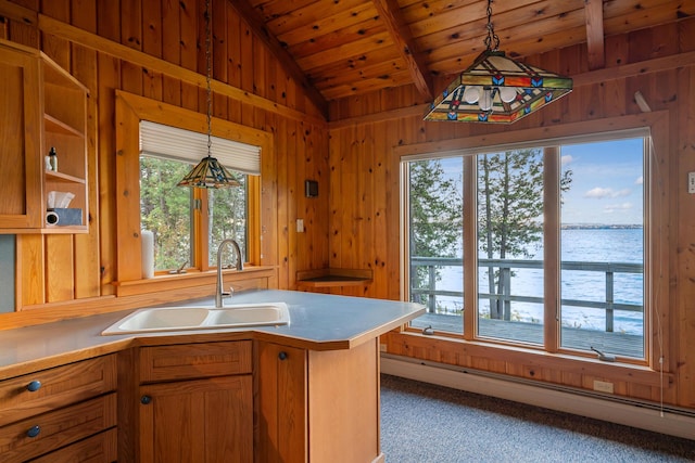 kitchen featuring vaulted ceiling, a sink, wooden walls, and a baseboard radiator