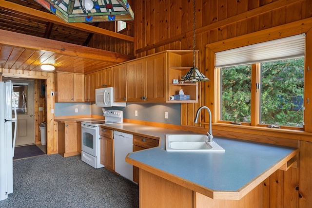 kitchen featuring a sink, wood walls, wooden ceiling, white appliances, and open shelves