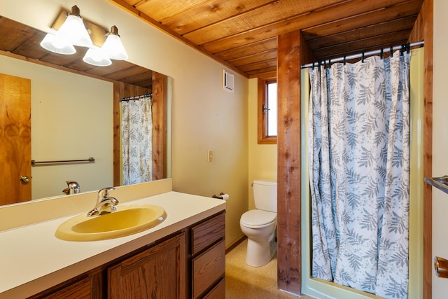 full bath featuring visible vents, curtained shower, toilet, wooden ceiling, and vanity