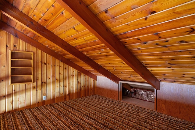 additional living space featuring wooden walls, wood ceiling, lofted ceiling with beams, and carpet floors