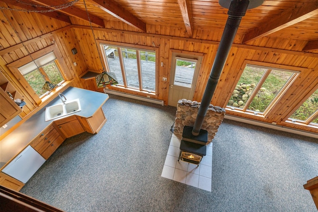 kitchen with wooden walls, carpet, a wood stove, a sink, and baseboard heating
