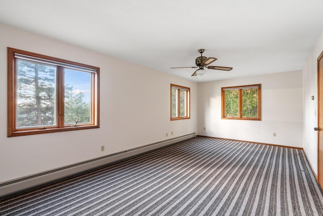 carpeted empty room featuring a ceiling fan, baseboards, and a baseboard radiator