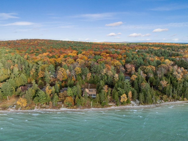 drone / aerial view with a forest view and a water view