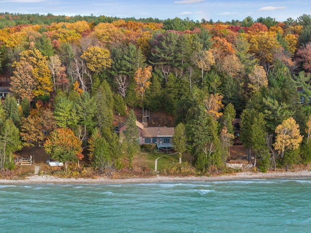 drone / aerial view featuring a view of trees and a water view