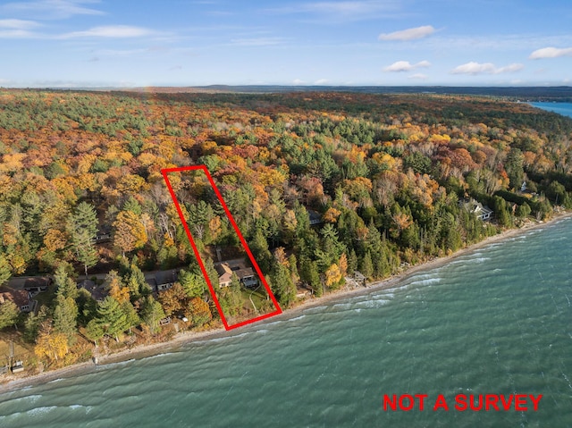 birds eye view of property featuring a wooded view and a water view