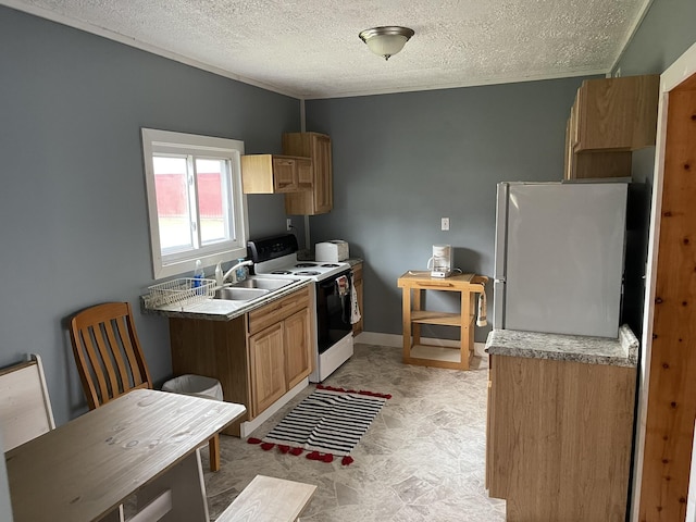 kitchen with electric range, a sink, a textured ceiling, freestanding refrigerator, and baseboards