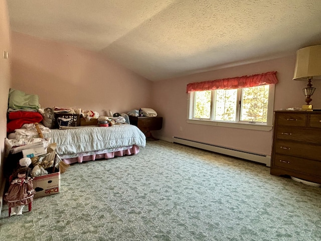 bedroom featuring baseboard heating, a textured ceiling, lofted ceiling, and carpet floors