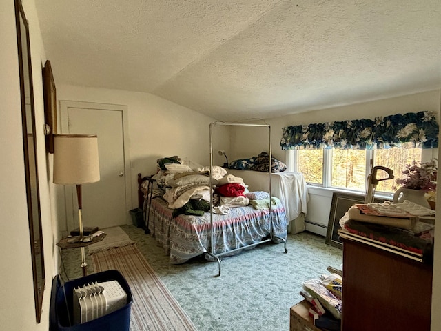 carpeted bedroom featuring a textured ceiling, lofted ceiling, and a baseboard radiator