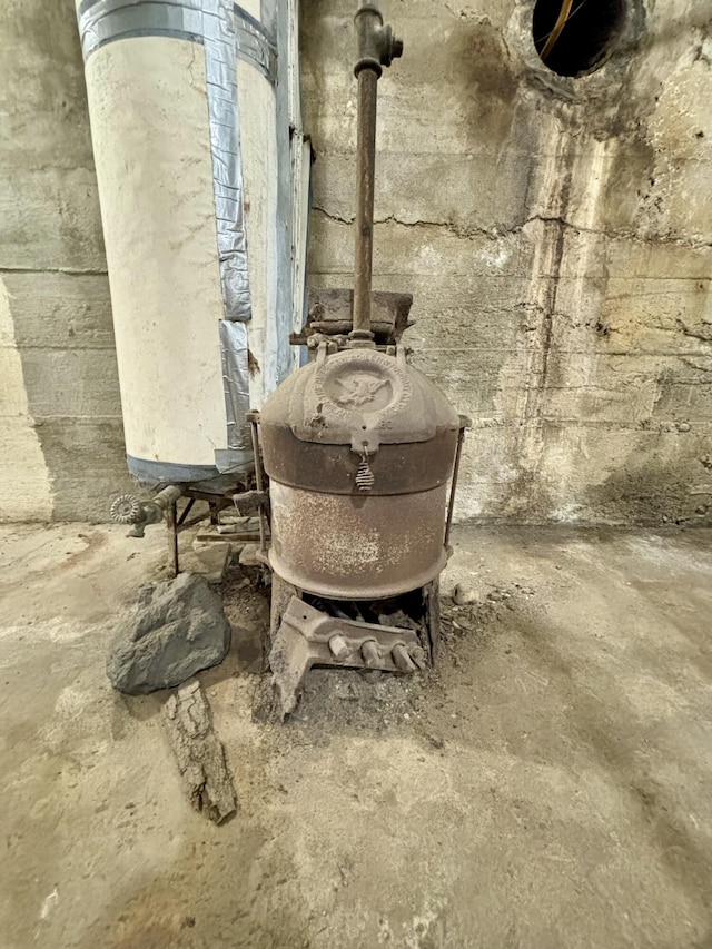 interior details featuring a wood stove