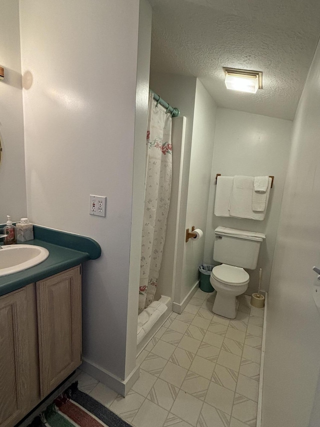 full bath featuring a shower with curtain, toilet, marble finish floor, and vanity