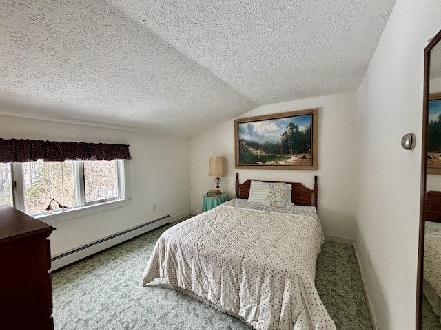 6658 M-33, Onaway, MI 49765 - carpeted bedroom with a textured ceiling, lofted ceiling, baseboards, and a baseboard radiator