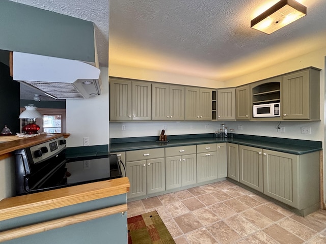 6658 M-33, Onaway, MI 49765 - kitchen with white microwave, stainless steel range with electric stovetop, a textured ceiling, wood counters, and open shelves