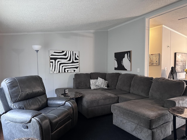 living room with a textured ceiling and crown molding