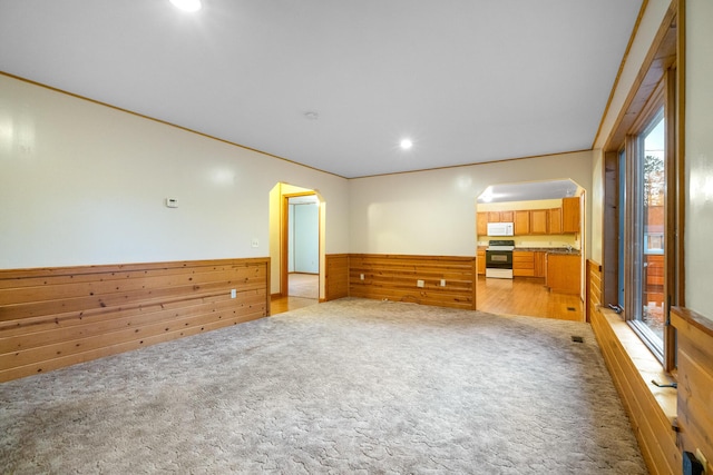 4963 Eastway Dr, Indian River, MI 49749 - unfurnished living room with a wainscoted wall, light carpet, arched walkways, and wooden walls